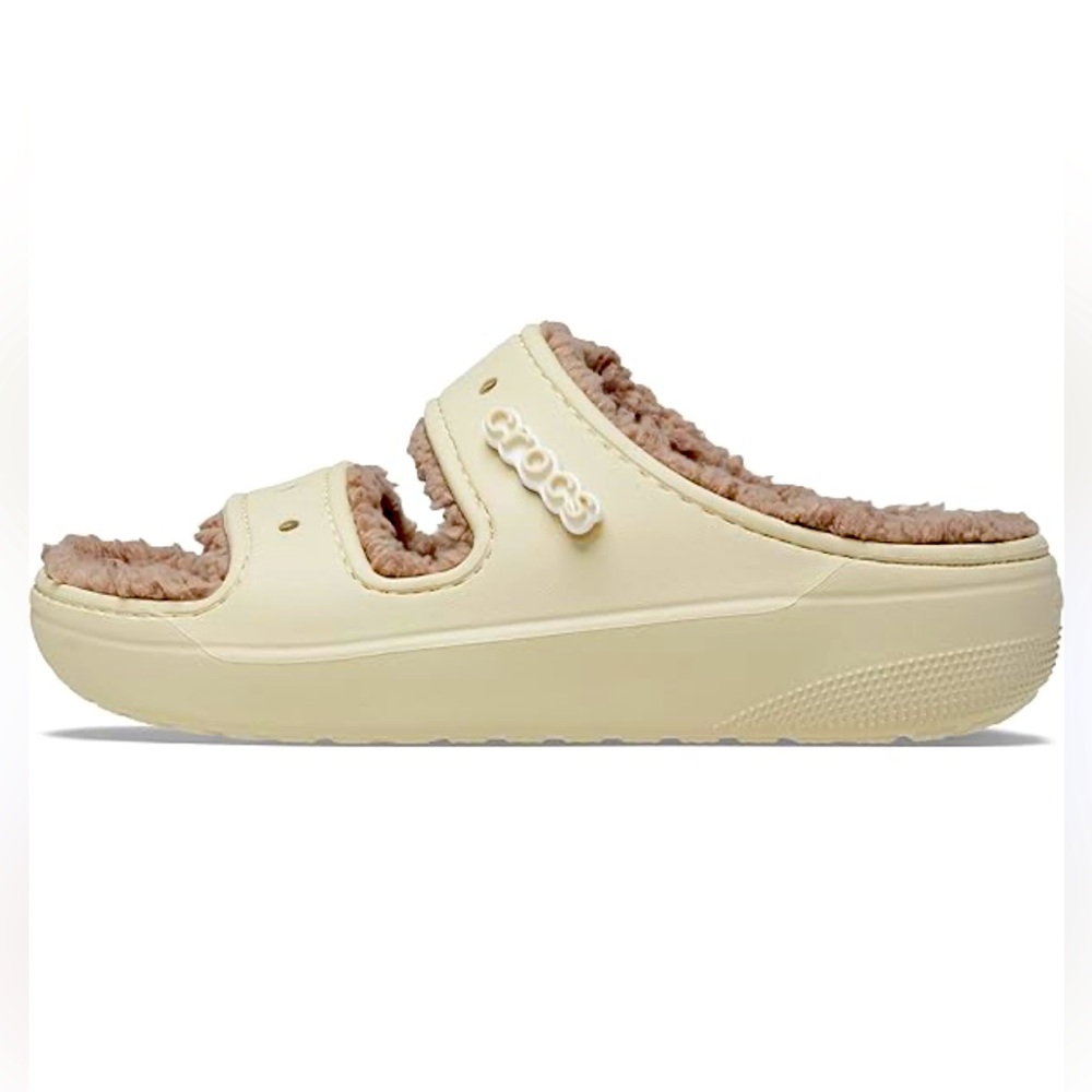 CROCS Cream and Tan Fuzzy Slippers